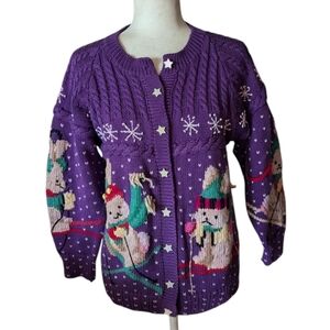 Vtg Hand Knit Ski bunnies Chunky Purple Cotton Novelty Cardigan Sweater Sz M